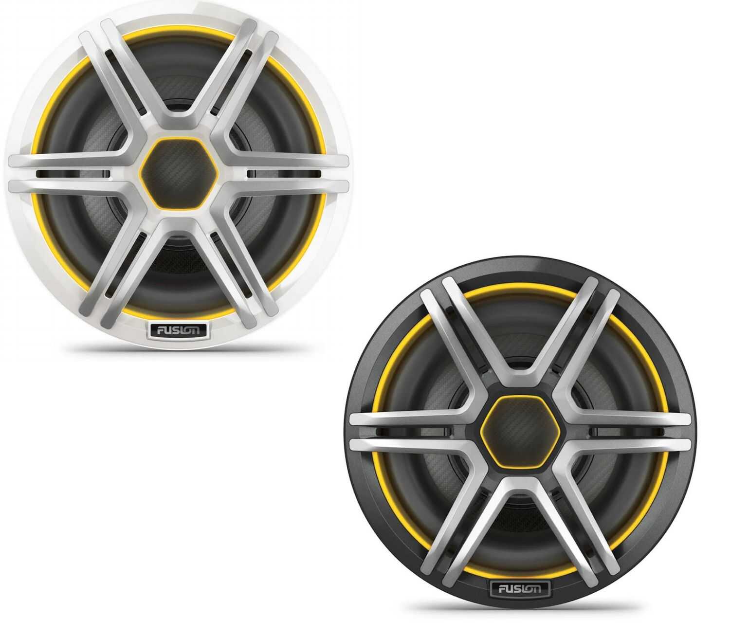 Frontansicht des Fusion Apollo Subwoofers mit CRGBW-LED-Beleuchtung und modernem Design für kraftvollen Klang an Bord.