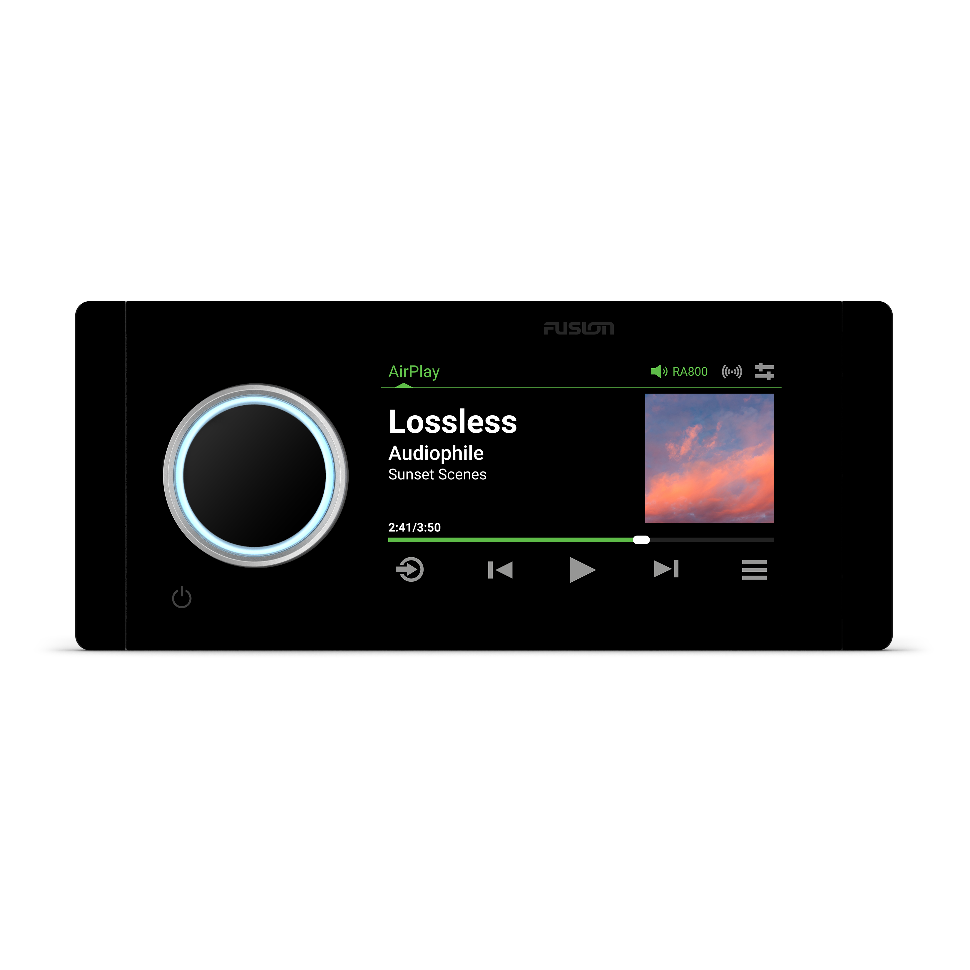 Fusion Apollo RA800 – Marine-Radio mit 4,3-Zoll Touchdisplay, Frontansicht Frontansicht des Fusion Apollo RA800 Marine-Radios mit kapazitivem 4,3-Zoll Touchscreen und modernem Design