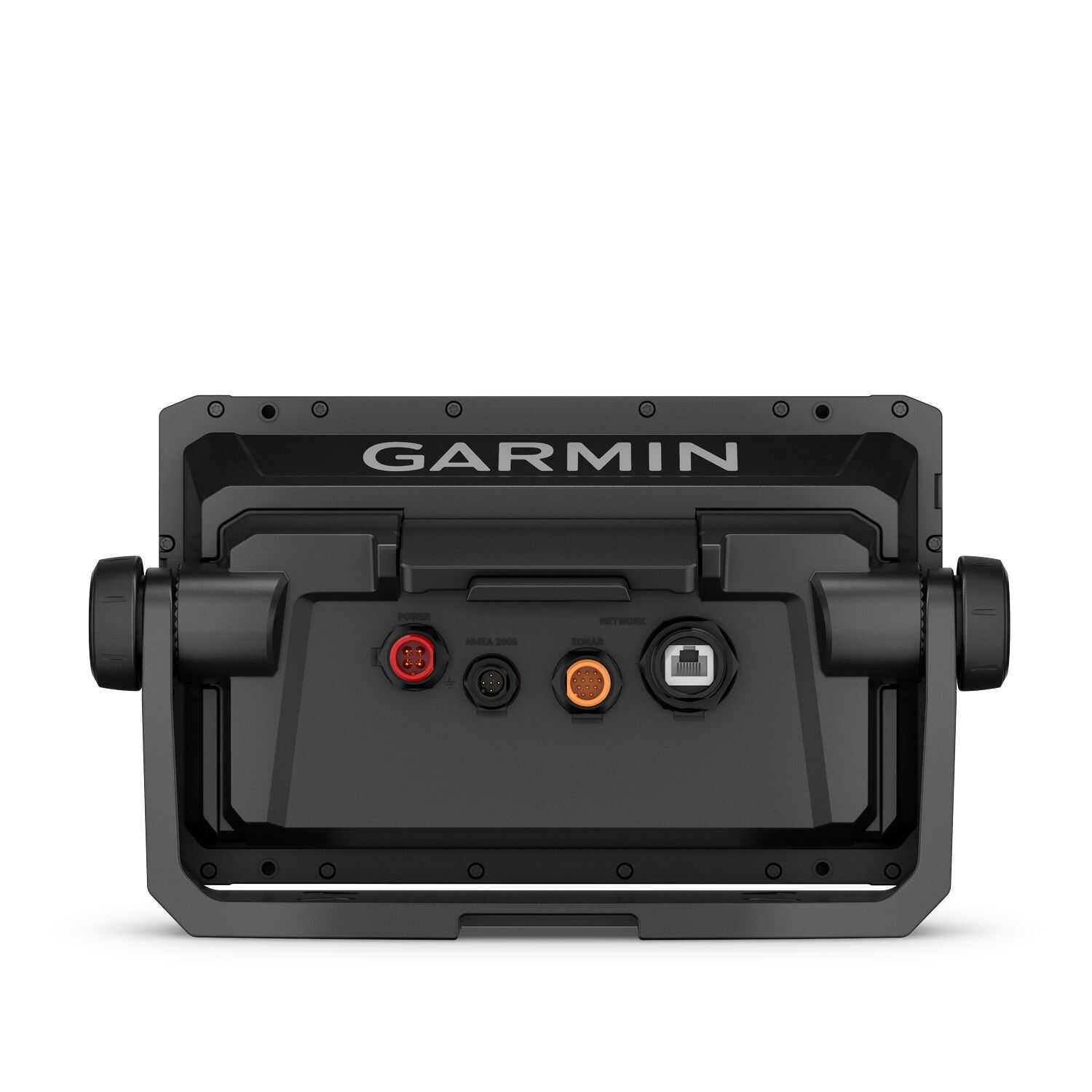 Rückseite des Garmin ECHOMAP UHD2 92sv mit allen wichtigen Anschlussmöglichkeiten für NMEA2000 und Zubehör.