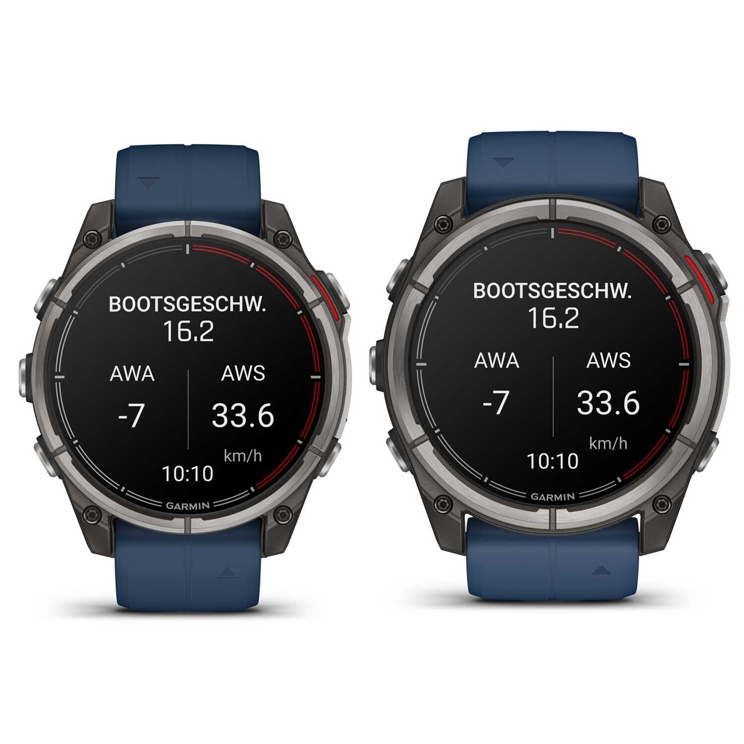 Frontansicht der Garmin Quatix 8 Marine Smartwatch mit robustem Design, Titanium-Lünette und hochauflösendem AMOLED-Display.