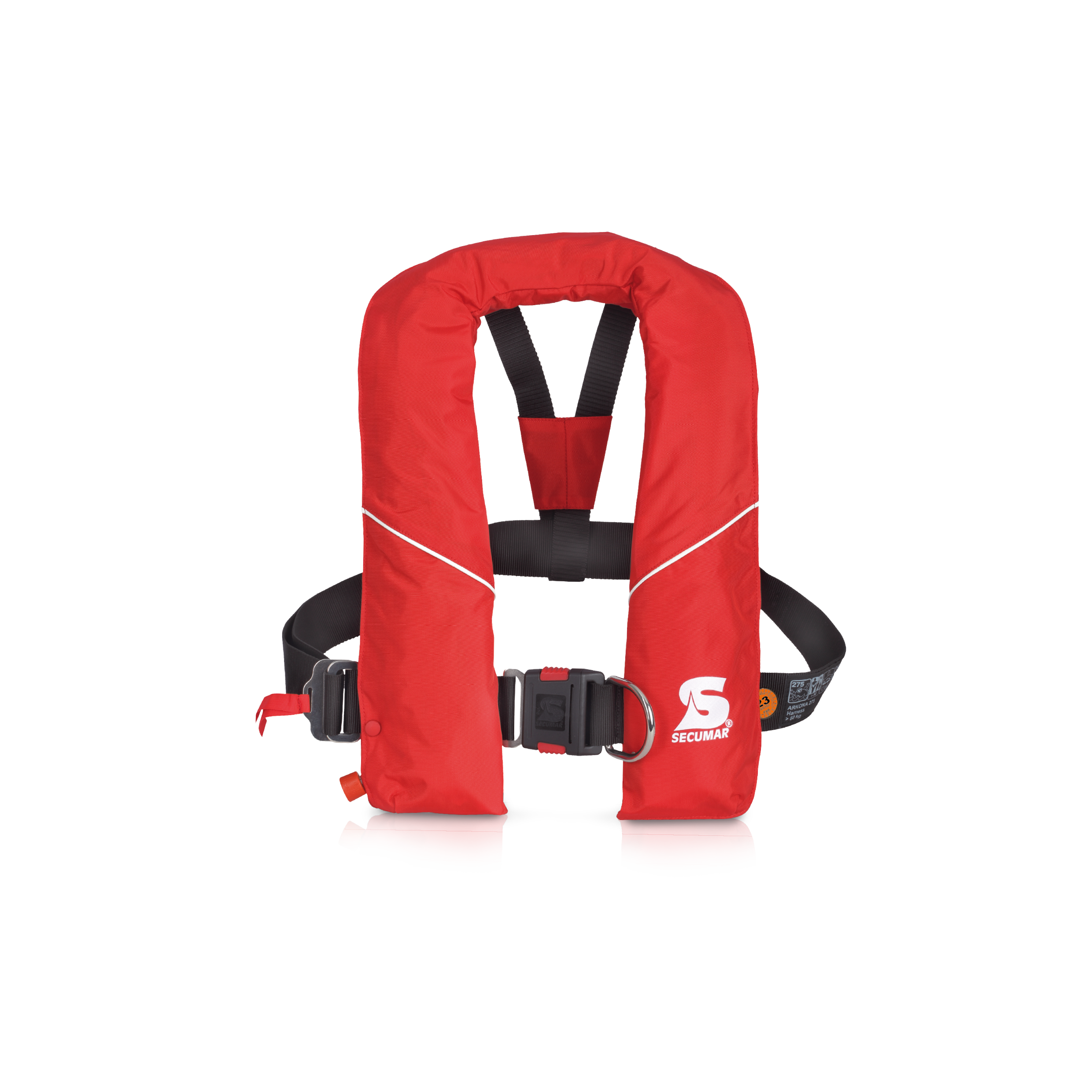 Secumar Arkona 275N automatische Rettungsweste in Rot mit 280N Auftrieb, geeignet für schwere Kleidung, mit integriertem Harness, CE-Zulassung und Click-Verschluss.