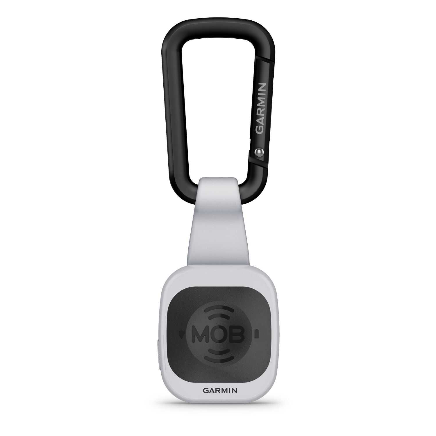 Weißer Garmin OnBoard MOB-Sender mit Karabiner an Rettungsweste befestigt