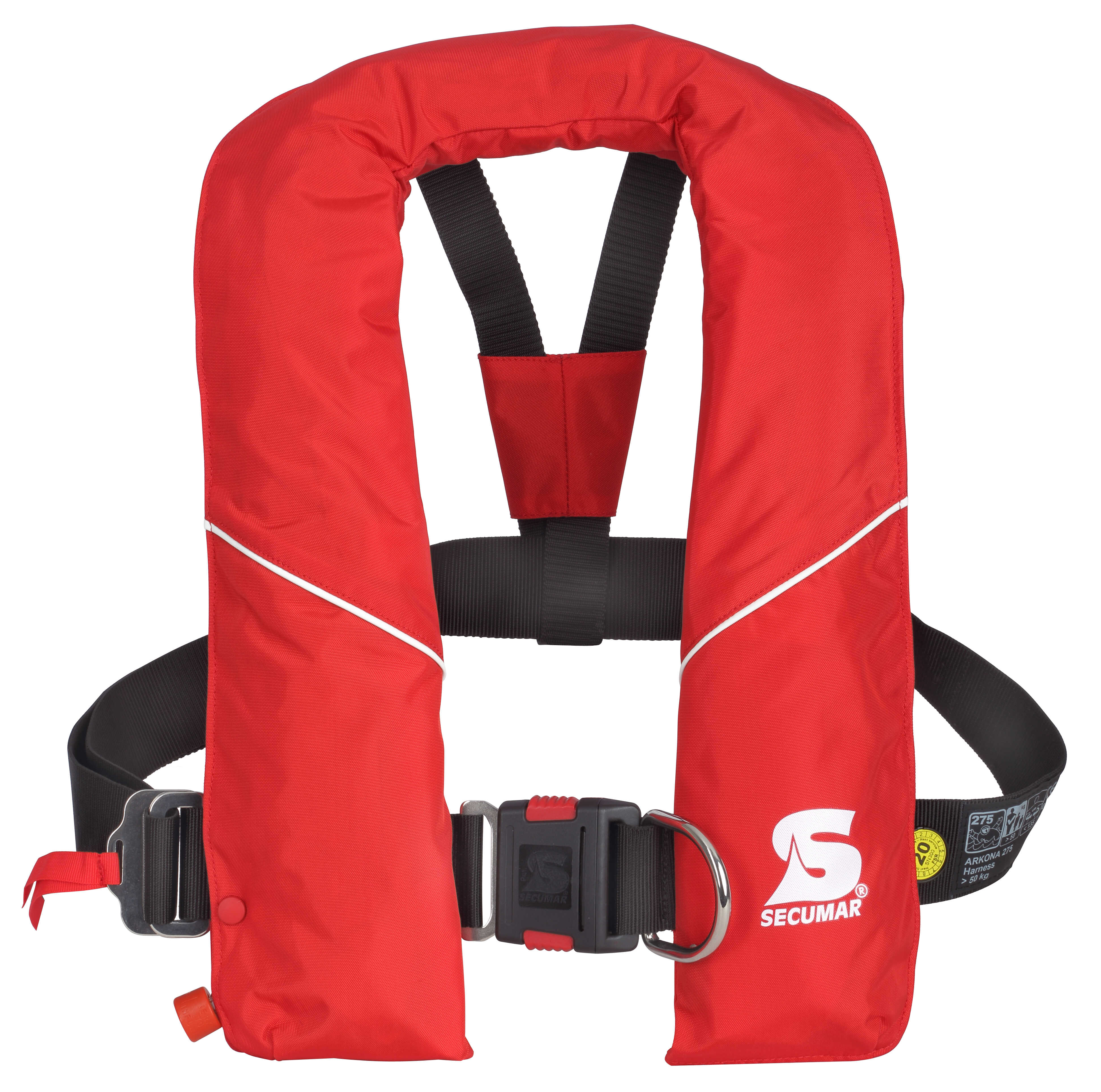 Secumar Arkona 220N Automatik-Rettungsweste in Rot mit 220N Auftrieb, integriertem Harness, Click-Verschluss vorne und signalorangem Schwimmkörper, geeignet für Personen ab 50 kg.