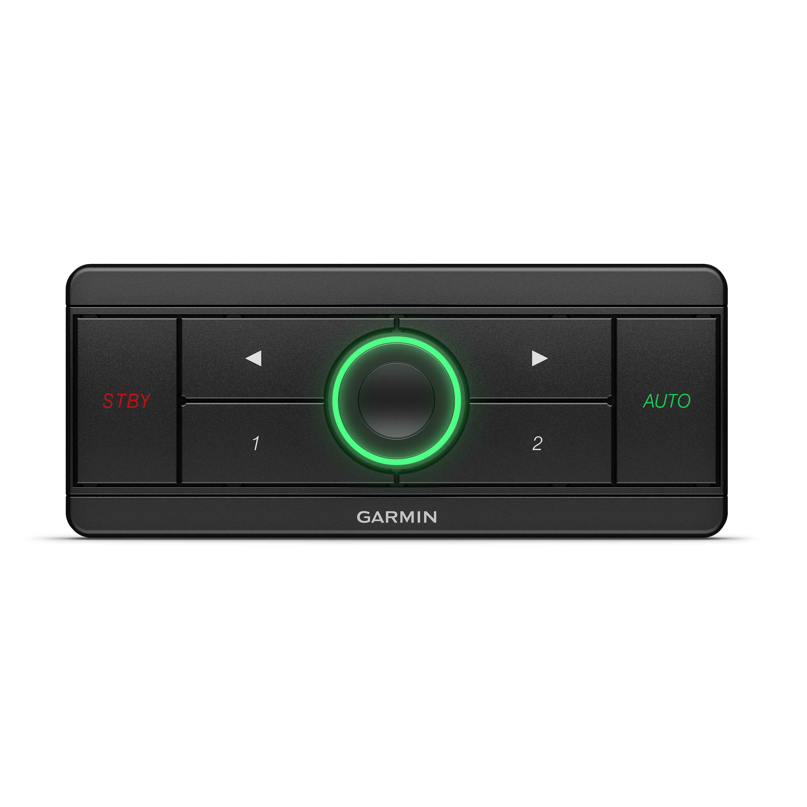 Frontansicht der Garmin APK 10 Autopilotensteuerung mit LED-Drehknopf und Funktionstasten, waagerechte Ausführung