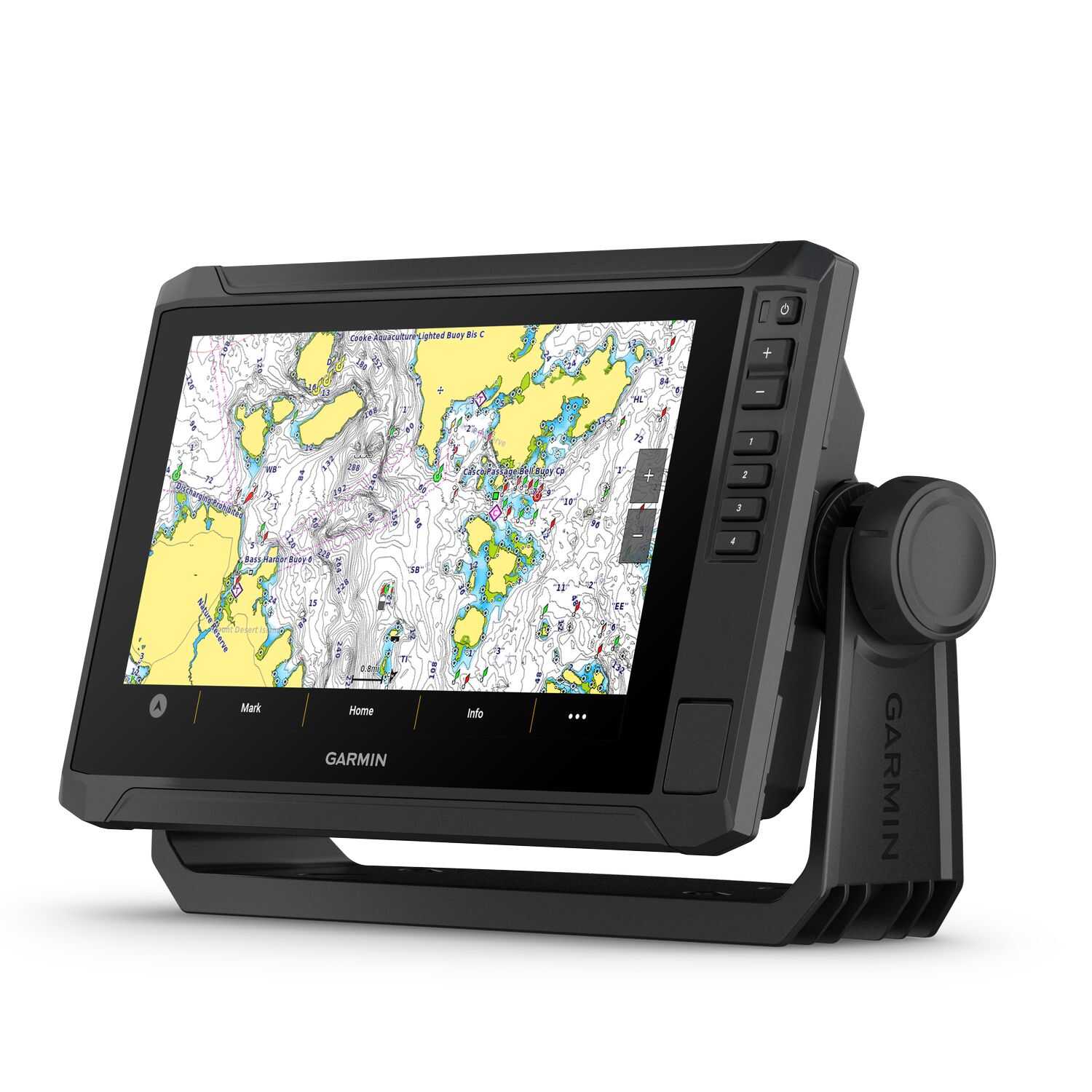 Garmin ECHOMAP UHD2 92sv Kartenplotter auf kipp- und schwenkbarer Schnellwechselhalterung für flexible Montage.