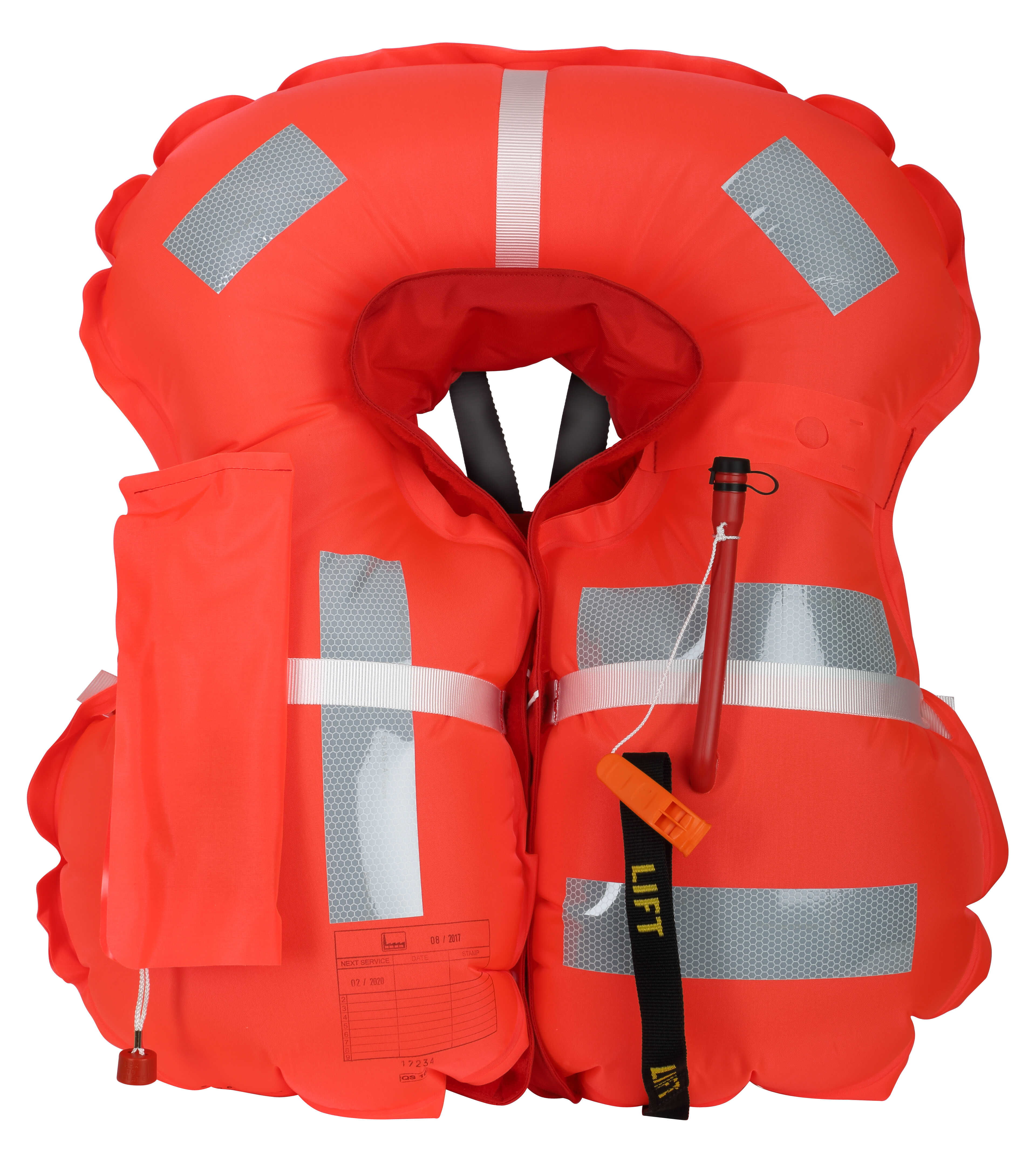 Rote Secumar Arkona 275N Rettungsweste mit Secumatic 3001S Auslöseautomatik, 280 Newton Auftrieb, Classic Schwimmkörper und Frontverschluss, empfohlen ab 50 kg Körpergewicht.