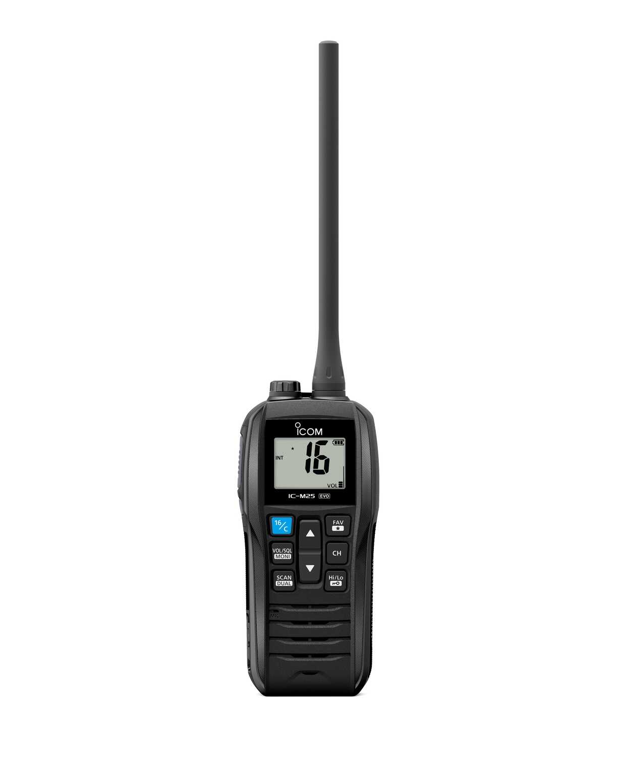 Frontansicht des schwimmfähigen ICOM IC-M25EURO EVO UKW-Handfunkgeräts mit Float’n Flash™