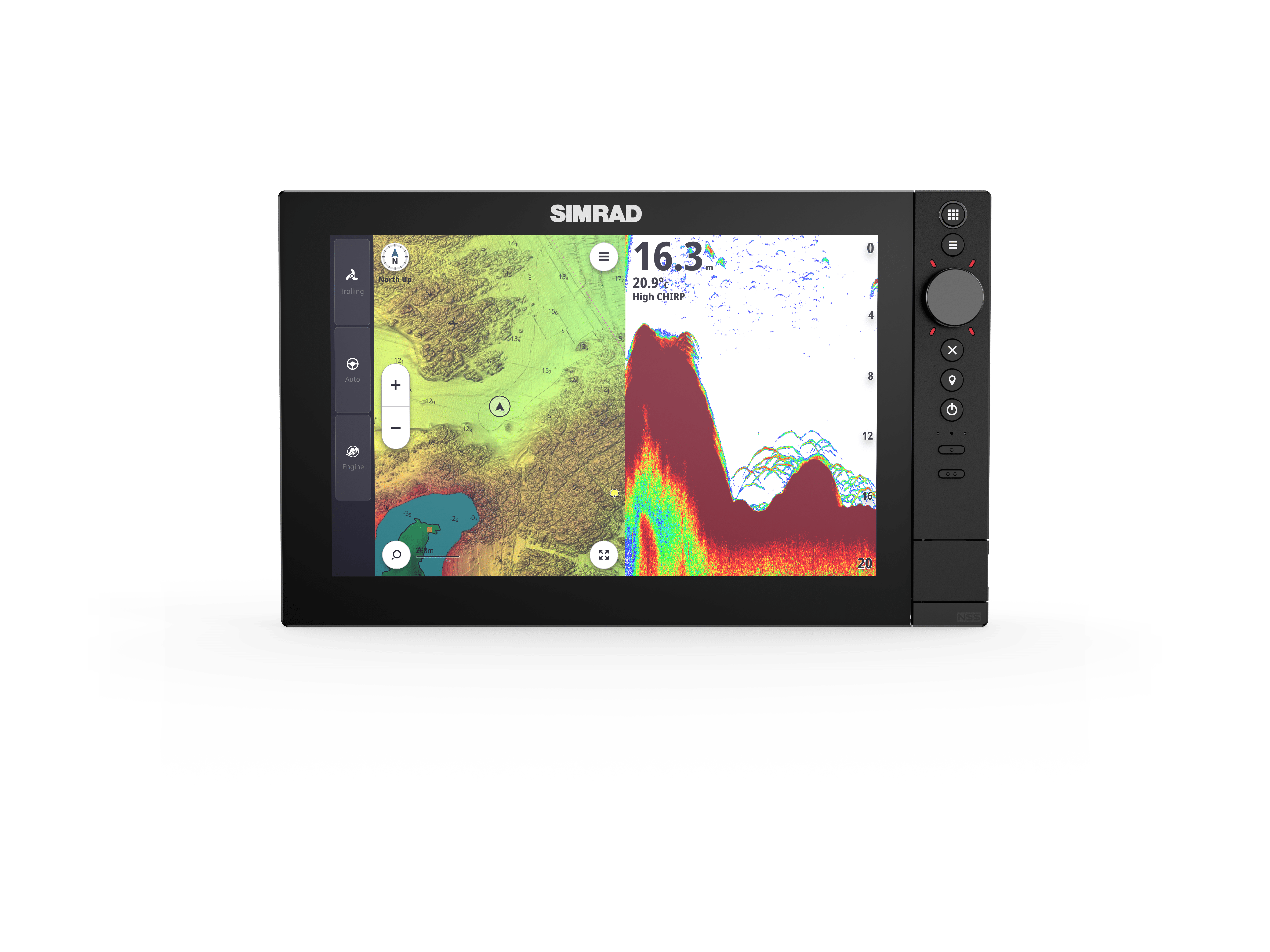 Simrad NSS 4 12 Zoll Kartenplotter mit integriertem CHIRP-Sonar und Glass-to-Edge-Display