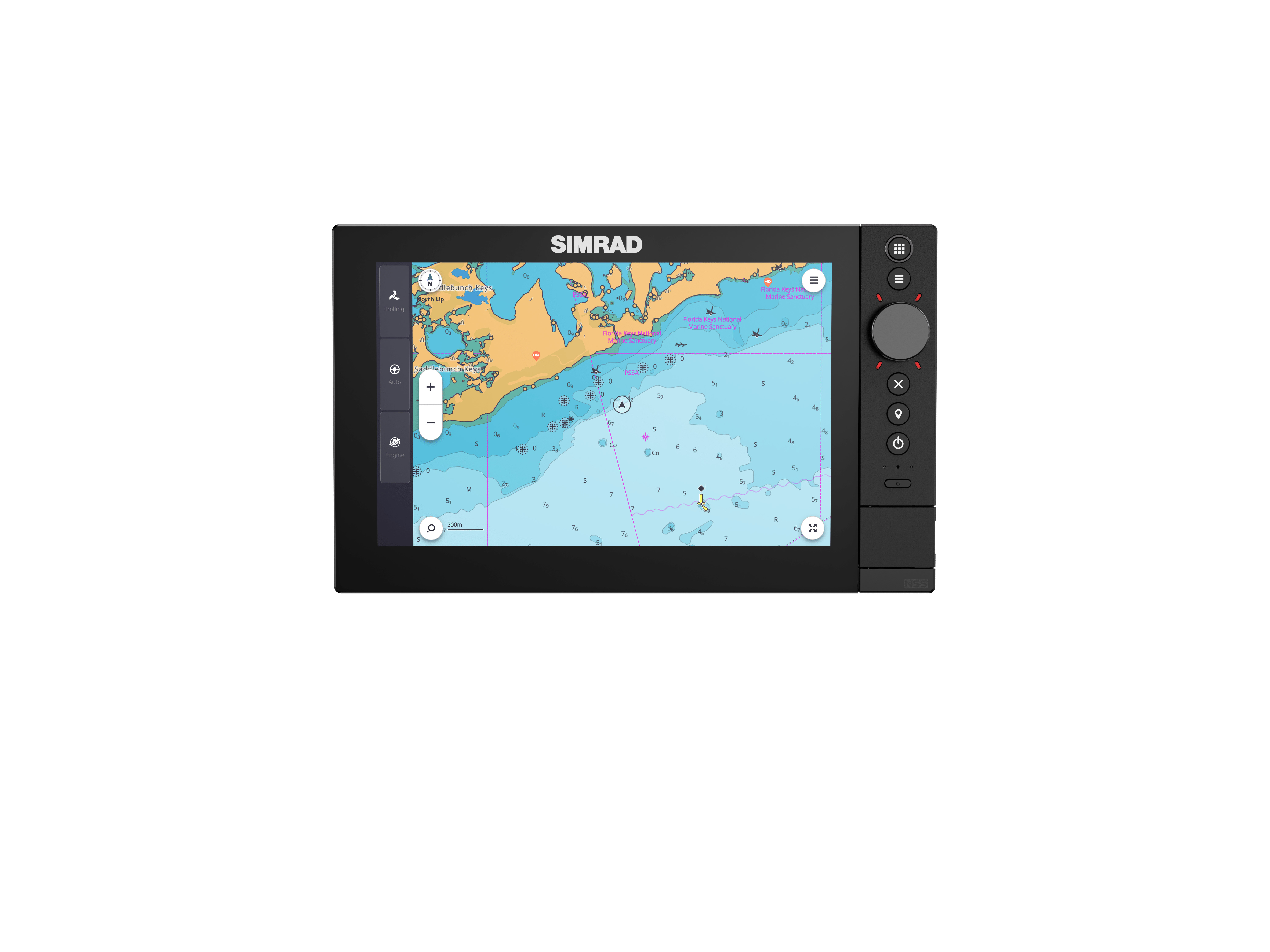 Bedieneinheit des Simrad NSS 4 Kartenplotters mit Touchscreen, Drehregler und Tastenfeld – perfekte Kontrolle bei jeder Navigation und Wetterlage