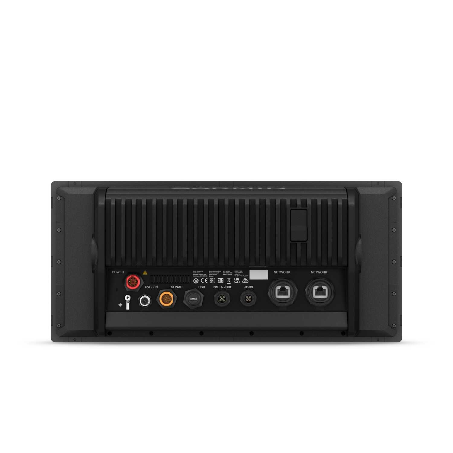 Rückansicht des Garmin GPSMAP 1523xsv mit NMEA 2000-, Ethernet- und Echolotanschlüssen für vielseitige Integration