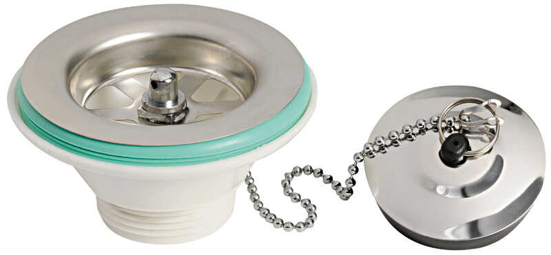 Gerade Ablaufgarnitur aus Edelstahl und Kunststoff mit Stöpsel und Sieb Ø 70 mm