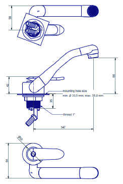 Technische Darstellung des Dometic AC 539 Wasserhahns mit Abmessungen und Details