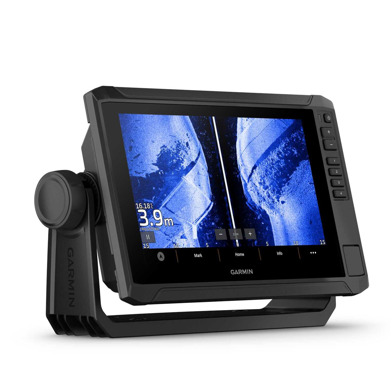 Detailaufnahme des 9 Zoll Touch-Displays des Garmin ECHOMAP UHD2 92sv für gestochen scharfe Karten- und Echolotbilder.