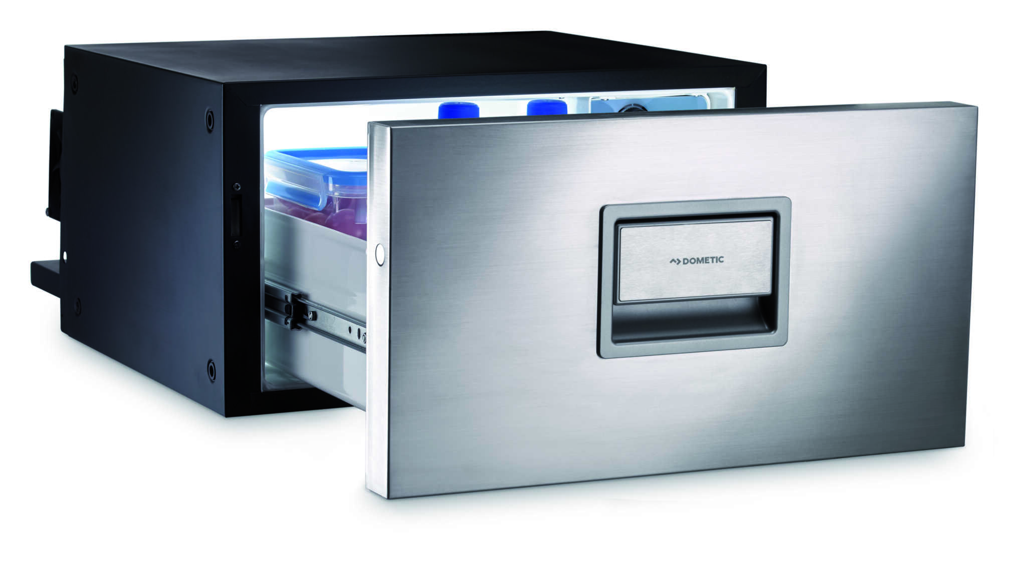 Offene Dometic CoolMatic CD 20S Kühlschublade in Edelstahl mit 20-Liter-Innenraum und langlebigem Kompressor für Boote und Reisemobile.