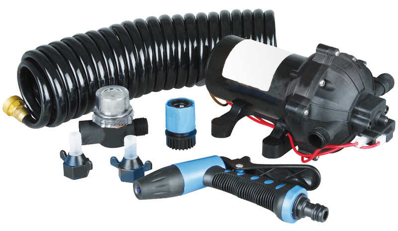 Osculati SuperFlow Washdown-Kit: Druckwasserpumpe, einziehbarer Schlauch 7,5 m, Spritzpistole, Filter und Anschlüsse zur Decksreinigung