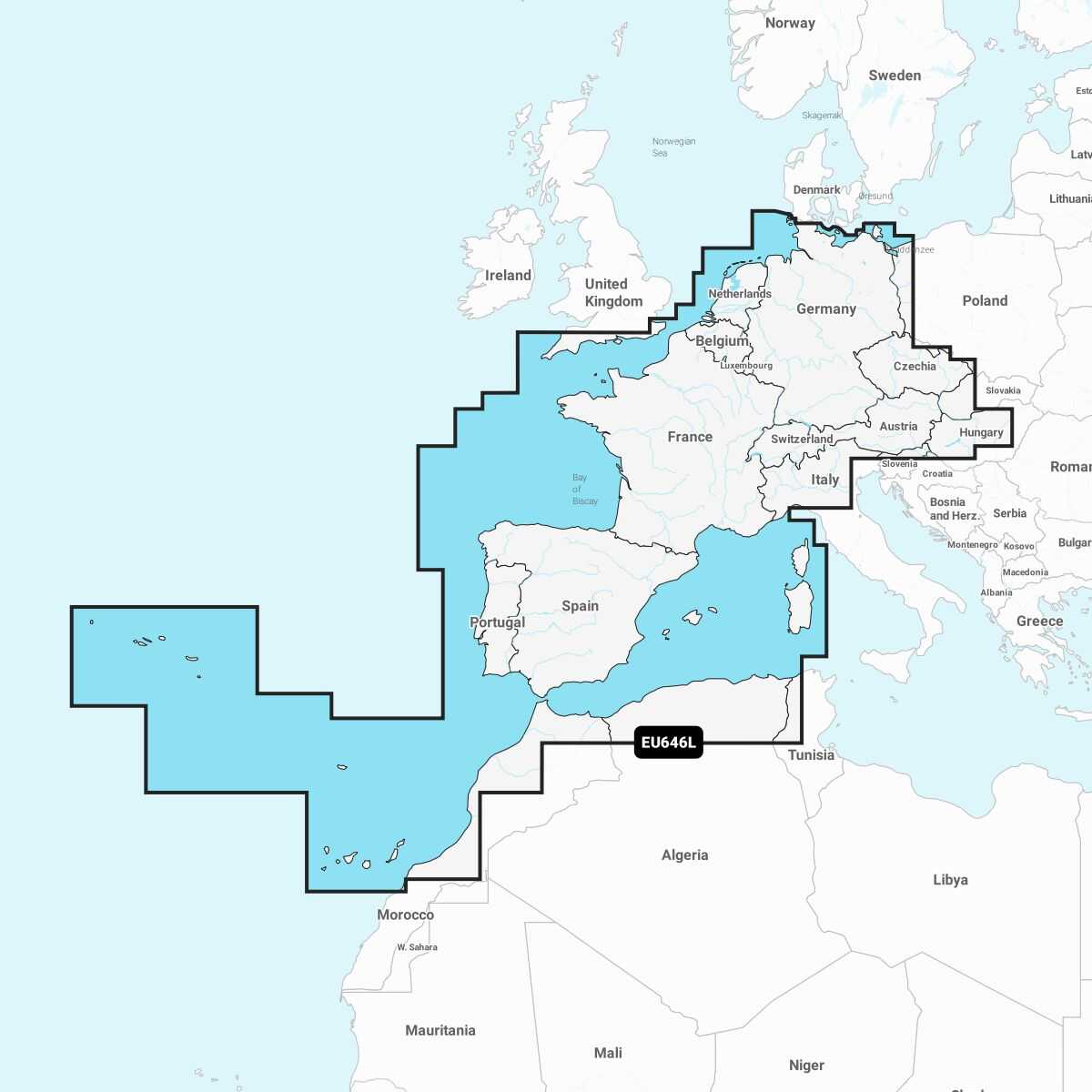 Navionics+ EU646L elektronische Seekarte für Deutschland, Benelux, Frankreich, Spanien, Portugal, Azoren, Afrika Nordwest – kompatibel mit GPS-Plottern