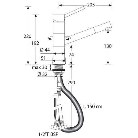 Abmessungen der BARKA Mischbatterie mit ausziehbarem Schlauch für Yachten und Motorboote