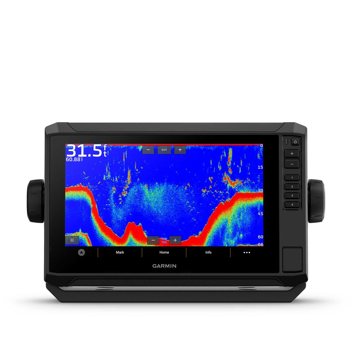 Frontansicht des Garmin ECHOMAP UHD2 92sv Kartenplotters mit 9 Zoll Display für präzise Navigation und Echolotfunktionen.