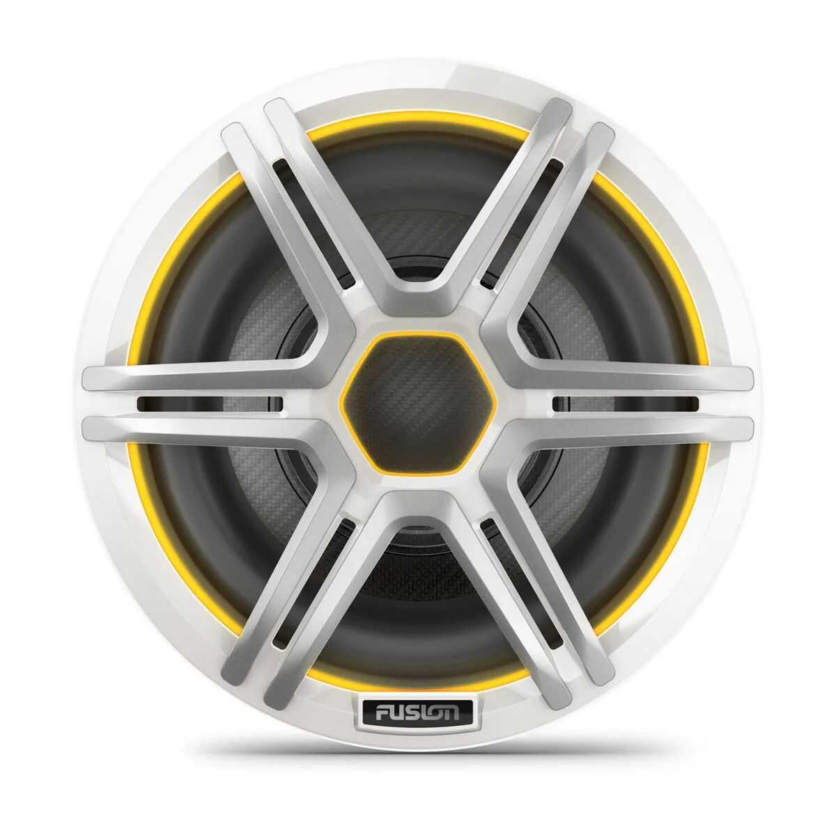 Fusion Apollo Subwoofer mit aktivierter CRGBW-LED-Beleuchtung für individuelles Ambiente auf Booten und Yachten.