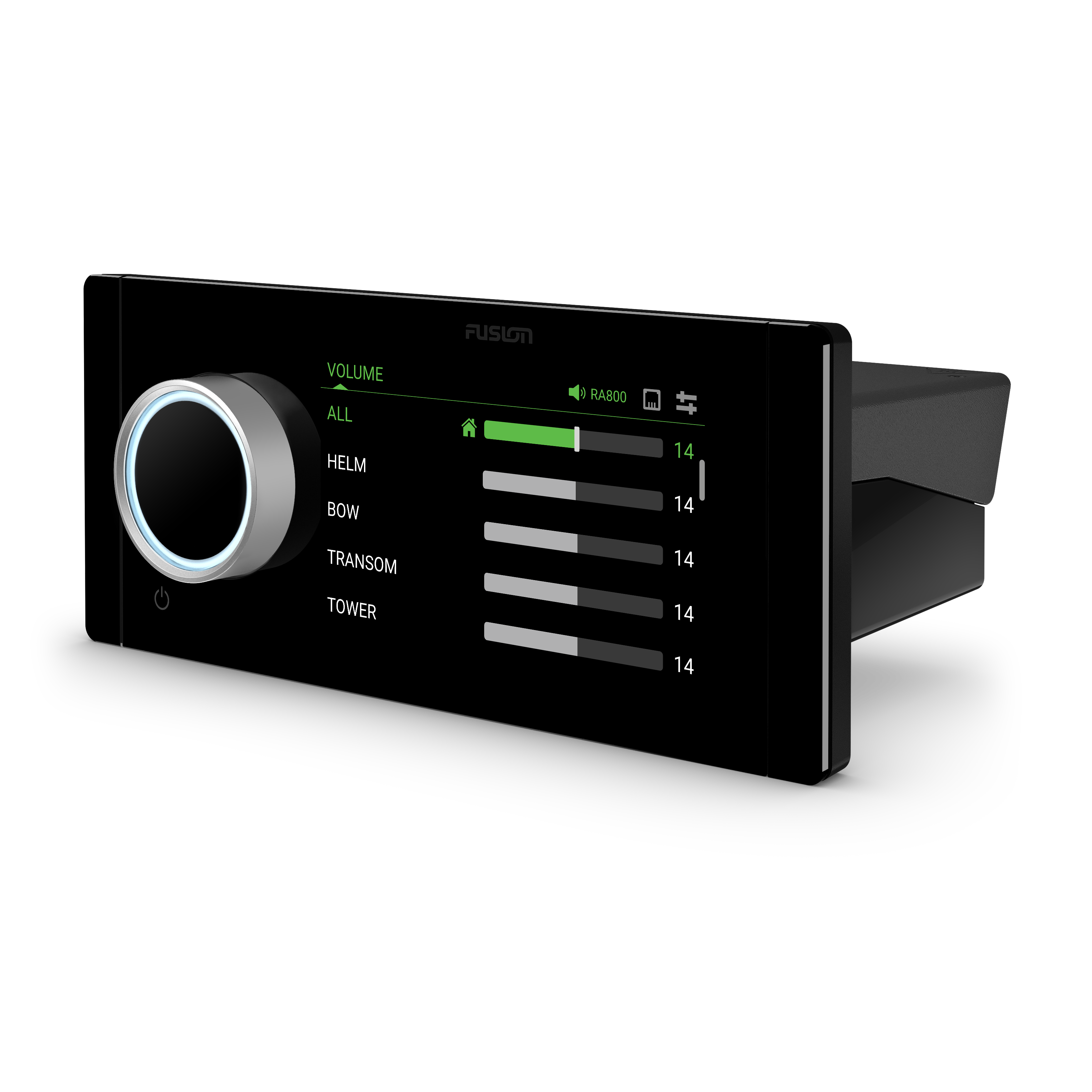 Fusion Marine-Radio RA800 – Linke Seitenansicht mit klarer Linienführung Profilansicht des Fusion RA800 mit sichtbarer Tiefe und glatten Kanten