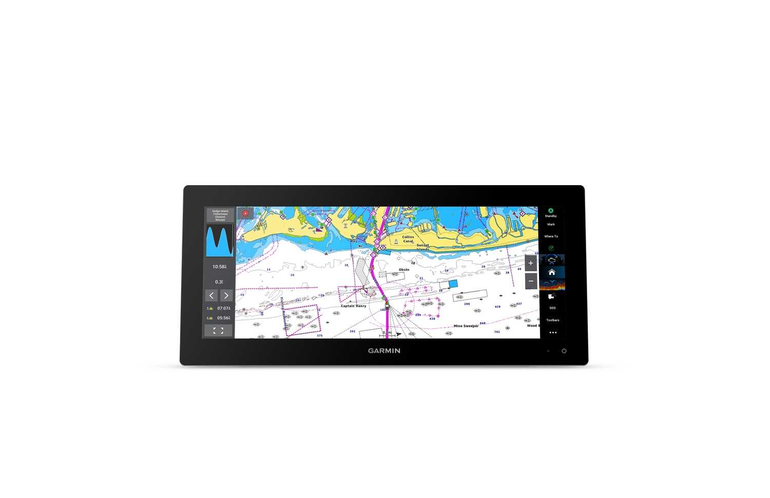 Garmin GPSMAP 1523xsv Kartenplotter mit 15-Zoll-Touchdisplay am Steuerstand für präzise Navigation und Echolotfunktionen